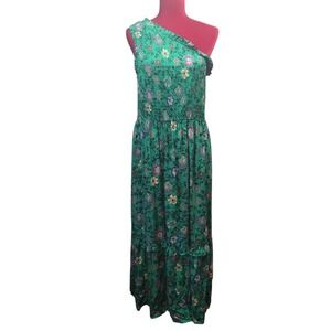 Knox Rose Green Floral One Shoulder Smocked Maxi Dress Boho Tiered Pocket. Sz lg